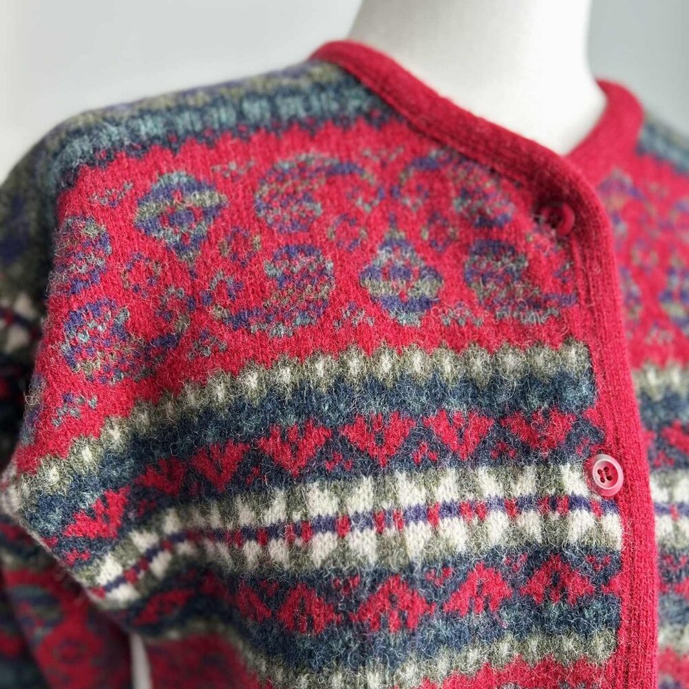 Vintage Simons Cerise & Multicolor Fair Isle Pure Shetland Wool Cardigan – US L - Picture 12 of 14